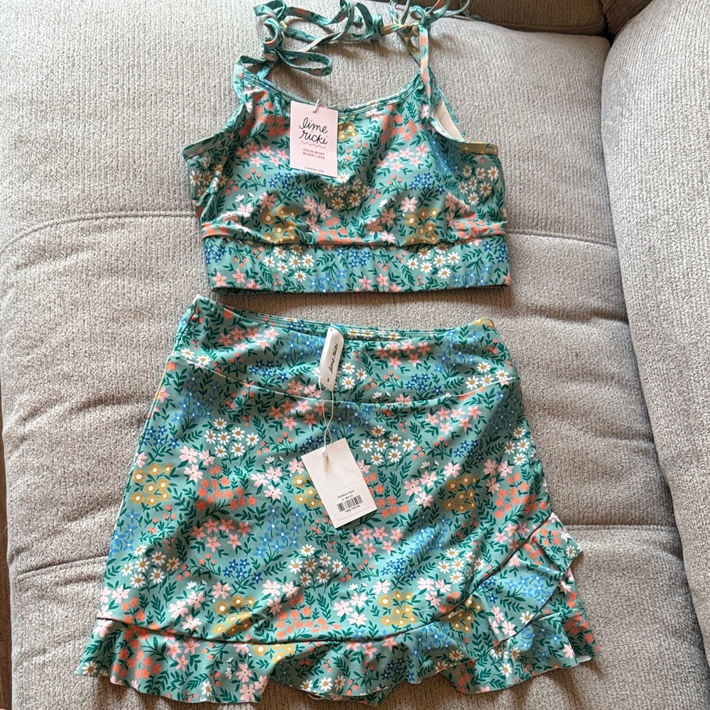 Lime Ricki Swim Skirt and matching top blue floral S NWT